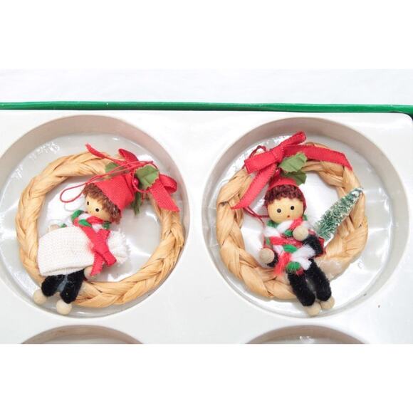 Vintage Elves in Raffia Wreaths Christmas Ornaments Set of 6 in Original Box - Picture 2 of 10